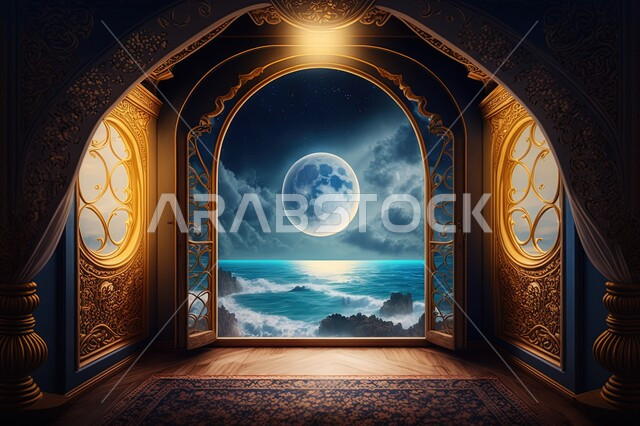 نوافذ مطلة على منظر القمر في السماء ،  النجوم المتلالئه في السماء ،منظر السماء في الليل ، مناظر طبيعية