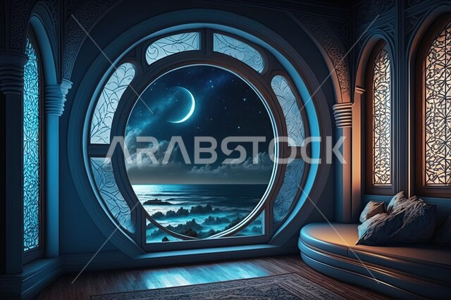 نوافذ مطلة على منظر القمر في السماء ،  النجوم المتلالئه في السماء ،منظر السماء في الليل ، مناظر طبيعية