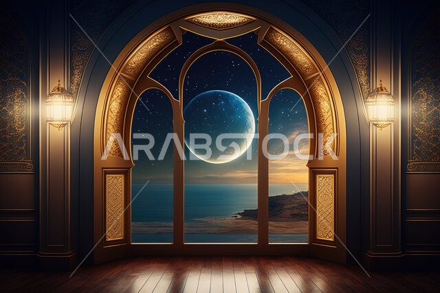 نوافذ مطلة على منظر القمر في السماء ،  النجوم المتلالئه في السماء ،منظر السماء في الليل ، مناظر طبيعية