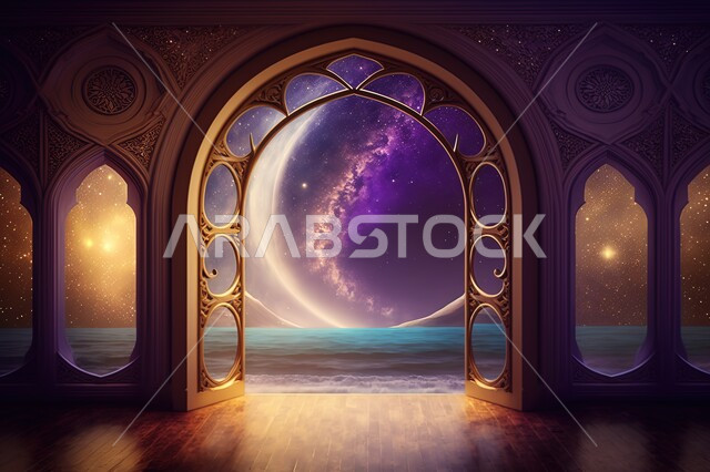 نوافذ مطلة على منظر السماء في الليل ، منظر القمر في السماء ، منظر الفضاء الخارجي,  النجوم المتلالئه في السماء