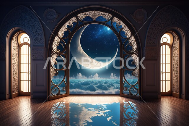 نوافذ مطلة على منظر السماء في الليل ، منظر القمر في السماء ، منظر الفضاء الخارجي,  النجوم المتلالئه في السماء