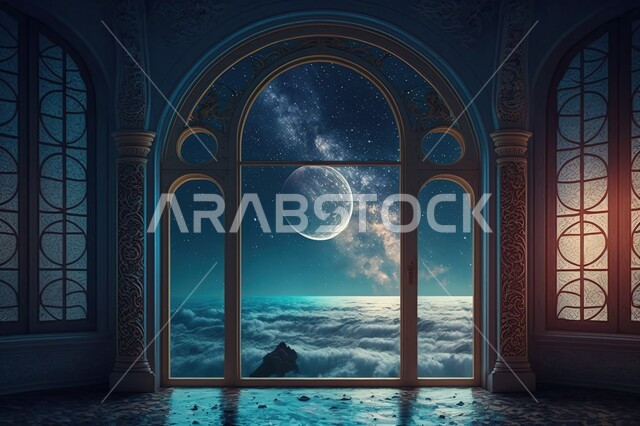 نوافذ مطلة على منظر السماء في الليل ، منظر القمر في السماء ، منظر الفضاء الخارجي,  النجوم المتلالئه في السماء