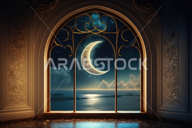 نوافذ مطلة على منظر السماء في الليل ، منظر القمر في السماء ، منظر الفضاء الخارجي,  النجوم المتلالئه في السماء