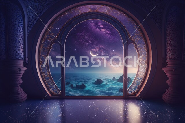 نوافذ مطلة على منظر السماء في الليل ، منظر القمر في السماء ، منظر الفضاء الخارجي,  النجوم المتلالئه في السماء ، مناظر طبيعية