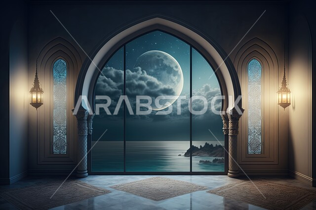 نوافذ مطلة على منظر السماء في الليل ، منظر القمر في السماء ، منظر الفضاء الخارجي,  النجوم المتلالئه في السماء ، مناظر طبيعية