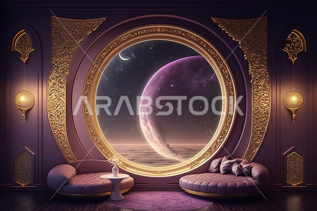 نوافذ في غرفه مطله على مناظر طبيعيه, منظر السماء في الليل ، منظر القمر في السماء ، منظر الفضاء الخارجي,  النجوم المتلالئه في السماء