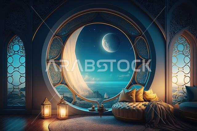 نوافذ في غرفه مطله على مناظر طبيعيه, منظر السماء في الليل ، منظر القمر في السماء ، منظر الفضاء الخارجي,  النجوم المتلالئه في السماء