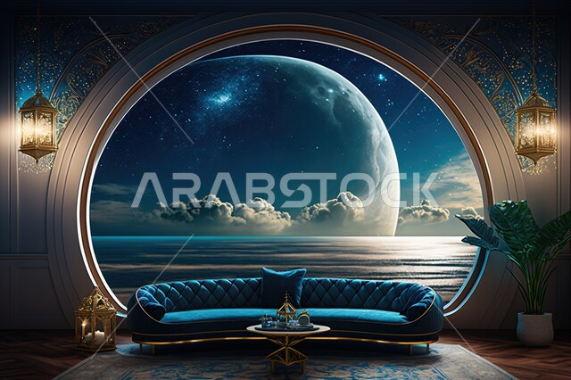 نوافذ في غرفه مطله على مناظر طبيعيه, منظر السماء في الليل ، منظر القمر في السماء ، منظر الفضاء الخارجي,  النجوم المتلالئه في السماء