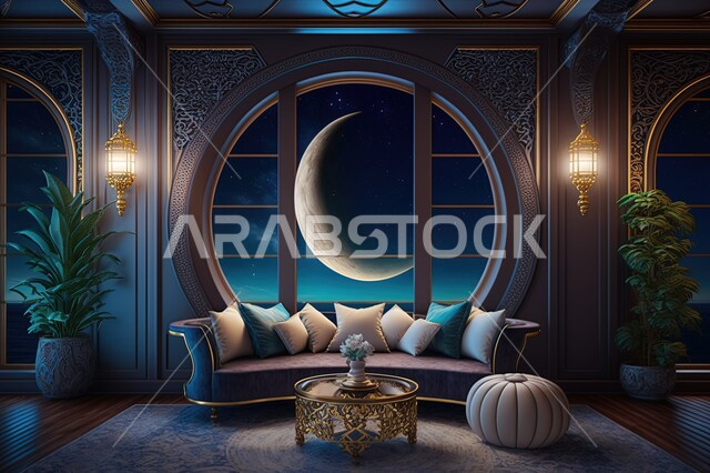 نوافذ في غرفه مطله على مناظر طبيعيه, منظر السماء في الليل ، منظر القمر في السماء ، منظر الفضاء الخارجي,  النجوم المتلالئه في السماء