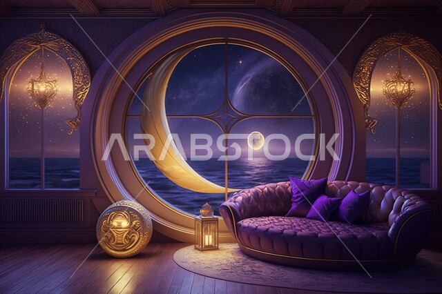 نوافذ في غرفه مطله على مناظر طبيعيه, منظر القمر في السماء ، منظر الفضاء الخارجي,  النجوم المتلالئه في السماء ،منظر السماء في الليل