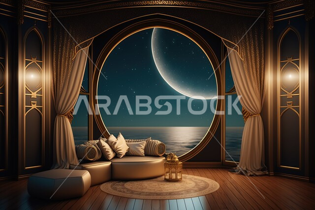 نوافذ في غرفه مطله على مناظر طبيعيه, منظر القمر في السماء ، منظر الفضاء الخارجي,  النجوم المتلالئه في السماء ،منظر السماء في الليل