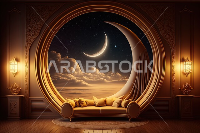 نوافذ في غرفه مطله على مناظر طبيعيه, منظر القمر في السماء ، منظر الفضاء الخارجي,  النجوم المتلالئه في السماء ،منظر السماء في الليل