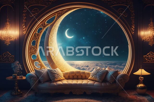 نوافذ في غرفه مطله على مناظر طبيعيه, منظر القمر في السماء ، منظر الفضاء الخارجي,  النجوم المتلالئه في السماء ،منظر السماء في الليل