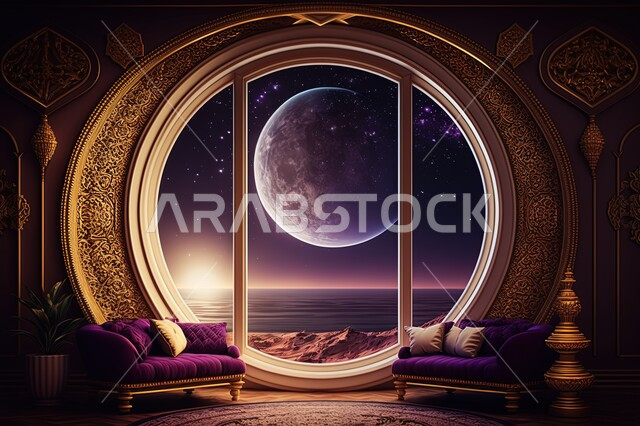 نوافذ في غرفه مطله على مناظر طبيعيه, منظر القمر في السماء ، منظر الفضاء الخارجي,  النجوم المتلالئه في السماء ،منظر السماء في الليل