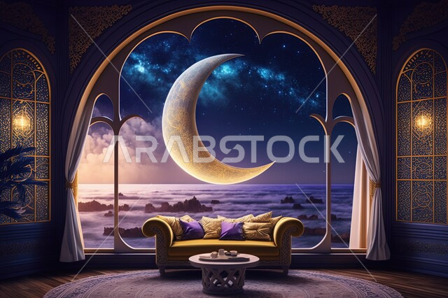 نوافذ في غرفه مطله على مناظر طبيعيه, منظر القمر في السماء ، منظر الفضاء الخارجي,  النجوم المتلالئه في السماء ،منظر السماء في الليل