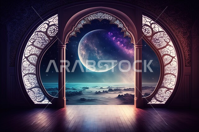 Windows overlooking the view of the moon in the sky, the view of outer space, the twinkling stars in the sky, the view of the night sky, landscapes