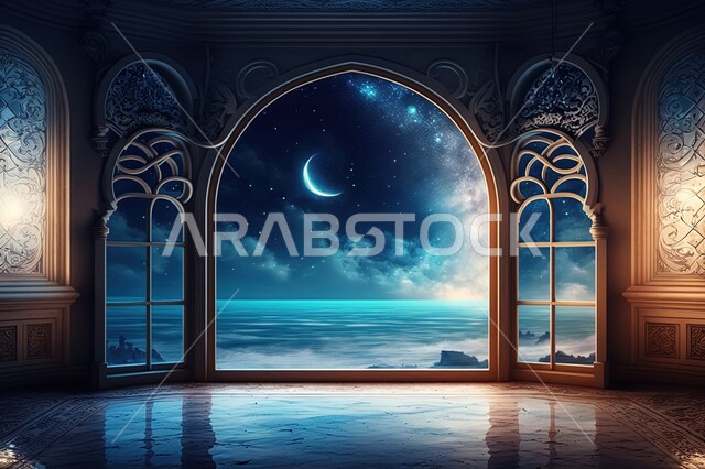 نوافذ مطلة على منظر القمر في السماء ، منظر الفضاء الخارجي,  النجوم المتلالئه في السماء ،منظر السماء في الليل ، مناظر طبيعية