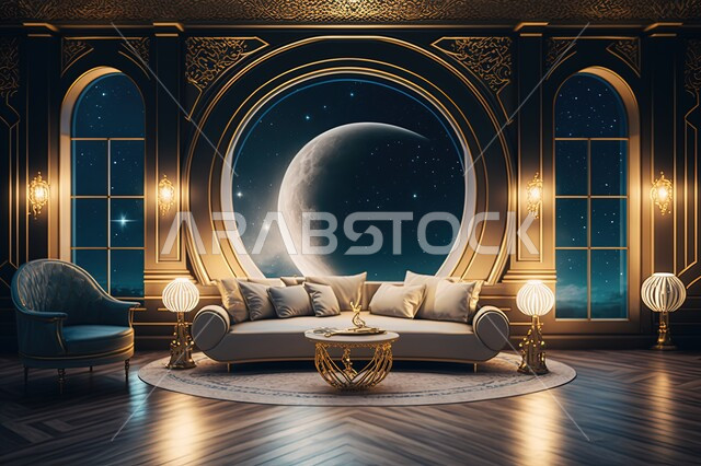 نوافذ مطلة على منظر القمر في السماء ، منظر الفضاء الخارجي,  النجوم المتلالئه في السماء ،منظر السماء في الليل ، مناظر طبيعية