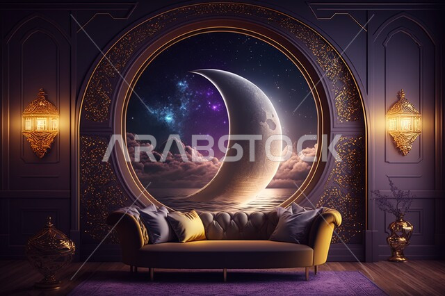 نوافذ مطلة على منظر القمر في السماء ، منظر الفضاء الخارجي,  النجوم المتلالئه في السماء ،منظر السماء في الليل ، مناظر طبيعية