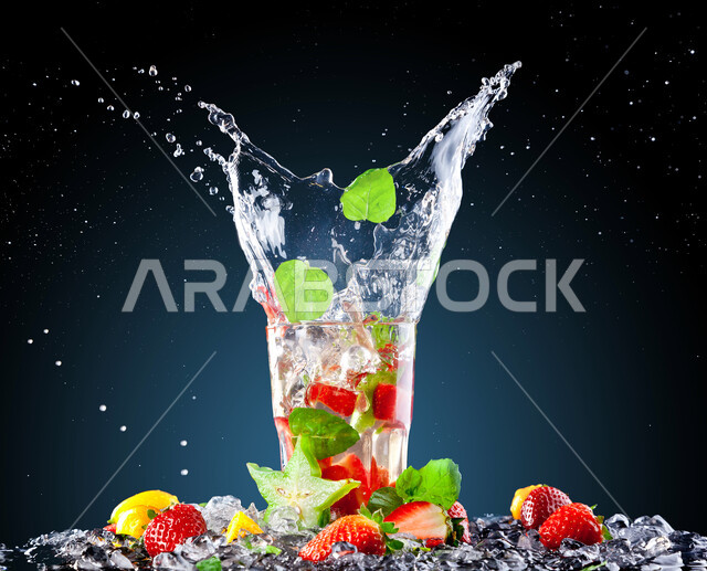 Fresh fruit in a glass of transparent water, beads of assorted fresh fruits, realistic splash, pieces of ice cream, black background.