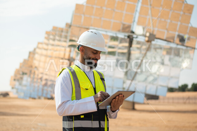 مهندس عربي خليجي سعودي يشرف على محطات الطاقة الشمسية في السعودية، استخدام جهاز التابلت في ادارة المشاريع , إرتداء خوذة وسترة الحماية الخاصة بالعمل، مخططات وتصاميم هندسية،  محطات الطاقة الشمسية المتجددة، الواح وستلايت انتاج الطاقة الكهربائية