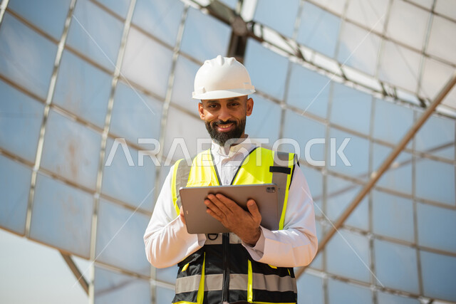 صورة من الاسفل لمهندس عربي خليجي سعودي يشرف على محطات الطاقة الشمسية في السعودية، استخدام جهاز التابلت في ادارة المشاريع , إرتداء خوذة وسترة الحماية الخاصة بالعمل، مخططات وتصاميم هندسية، حوارات ونقاشات عمل ،  محطات الطاقة الشمسية المتجددة، الواح وستلايت ا