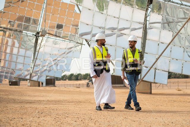 الواح وستلايت انتاج الطاقة الكهربائية , مهندسان عربيان خليجيان سعوديان يشرفان على محطات الطاقة الشمسية في السعودية، إرتداء خوذة وسترة الحماية الخاصة بالعمل، مخططات وتصاميم هندسية، حوارات ونقاشات عمل ،  محطات الطاقة الشمسية المتجددة،  تطور التقنية والتكنول