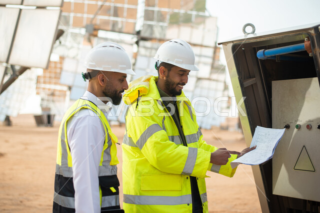 محطات الطاقة الشمسية المتجددة، مهندسان عربيان خليجيان سعوديان يشرفان على محطات الطاقة الشمسية في السعودية، إرتداء خوذة وسترة الحماية الخاصة بالعمل، مخططات وتصاميم هندسية، حوارات ونقاشات عمل ،   الواح وستلايت انتاج الطاقة الكهربائية , تطور التقنية والتكنول