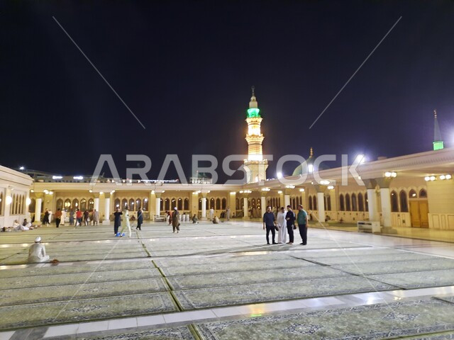 The square of the Prophet's Mosque in Medina at night in the Kingdom of Saudi Arabia, Islamic religious landmarks, the Prophet's Mosque, Islamic holy places.