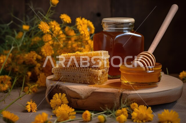 صورة مقربة لجرة عسل مع قحافة عسل خشبية وبعض الزهور , عسل الشفاء, عسل النحل الطبيعي الصحي, ملعقة العسل, غذاء صحي,  خلية الحل .