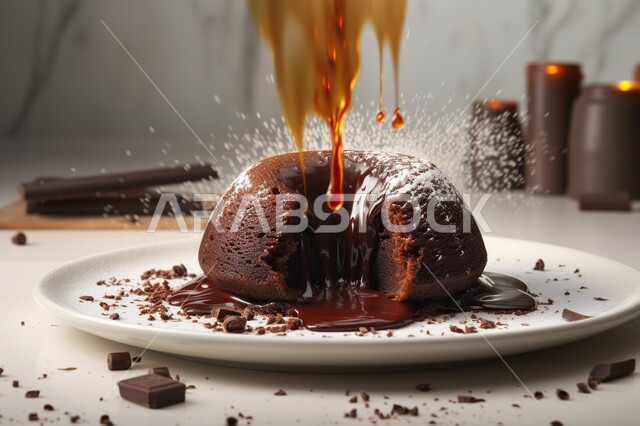  كيكة اسفنجية مرشوشة بالشوكولاتة الساخنة , حلويات وسكريات, حلا شرقي, حلوى مخبوزة , حلويات طازجة , خلفية بيضاء .