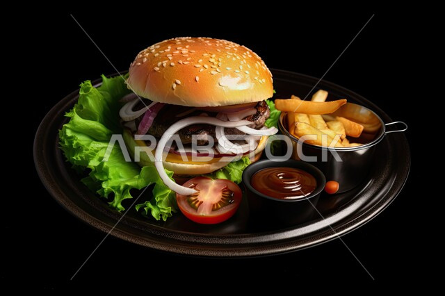 برجر شوت على طبق أسود , ساندوتش البرجر اللذيذ، وجبات الطعام الشهية، الوجبات السريعة، وصفات طعام لذيذة، وجبة الهمبرجر اللذيذة، مطاعم ومأكولات, خلفية سوداء .