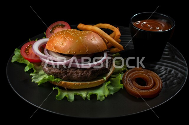 برجر شوت على طبق أسود ,  وجبات الطعام الشهية، ساندوتش البرجر اللذيذ، الوجبات السريعة، وصفات طعام لذيذة، وجبة الهمبرجر اللذيذة، مطاعم ومأكولات, خلفية سوداء .