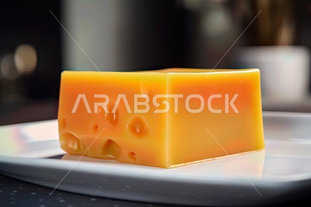 صورة مقرّبة لكتلة من جبن الشيدر الحاد على طبق أبيض, وجبات صحية ، وجبة طعام خفيفة ، فطور صباحي صحي ، مأكولات نباتية طازجة ، صناعة الجبن .