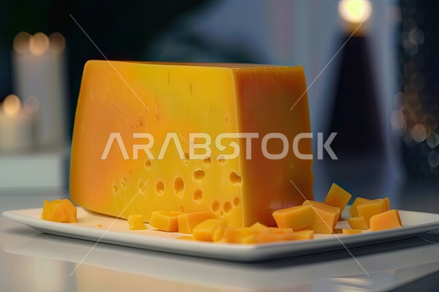 صورة مقرّبة لكتلة من جبن الشيدر الحاد مع قطع صغيرة, فطور صباحي صحي, وجبة طعام خفيفة ، وجبات صحية ، مأكولات نباتية طازجة ، صناعة الجبن .