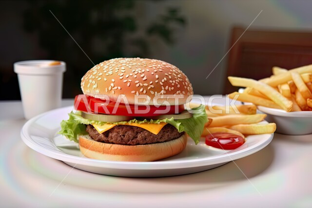 Delicious burger sandwich on a white plate, delicious meals, fast food, delicious food recipes, delicious hamburger meal, restaurants and foods, white background.