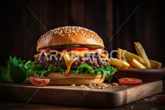 صورة مقرّبة لبرغر لحم بقري مع جبنة ذائبة على لوح خشبي, ساندوتش البرجر الشهي, وجبات طعام لذيذة, مأكولات ومطاعم, وصفات طعام شهية, خلفية سوداء .