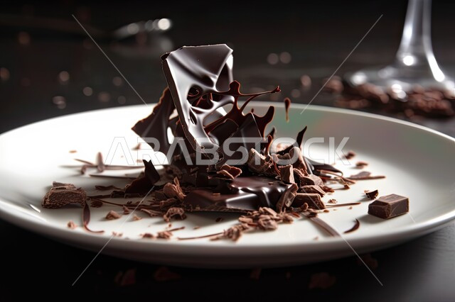 صورة مقرّبة لقطعة من الشوكولا الداكنة المتناثرة على شكل لذيذ, حلويات وسكريات, التحلاية, قطع الشوكولا الشهية, خلفية سوداء .