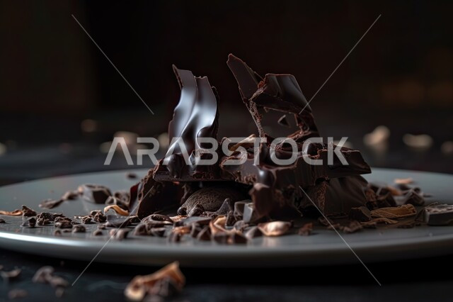 صورة مقرّبة لقطعة من الشوكولاتة الداكنة المتناثرة على شكل لذيذ, التحلاية, حلويات وسكريات, قطع الشوكولا الشهية, خلفية سوداء .