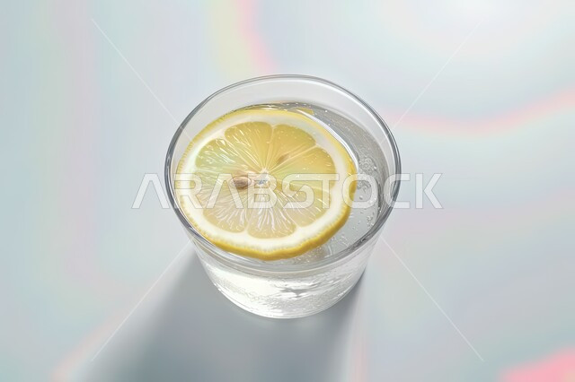 صورة من الأعلى لكوب مملوء ببلورات الليمون, مشروبات باردة, فيتامين سي, شريحة الليمون الأصفر, خلفية بيضاء.