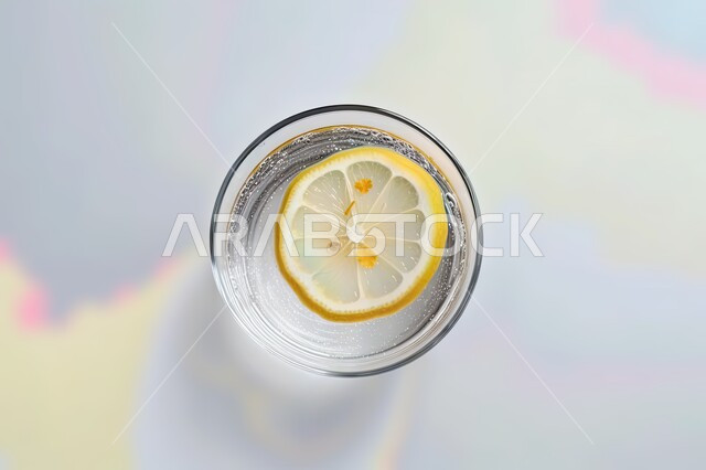 صورة من الأعلى لكوب مملوء ببلورات الليمون, فيتامين سي, مشروبات باردة, شريحة الليمون الأصفر, خلفية بيضاء.