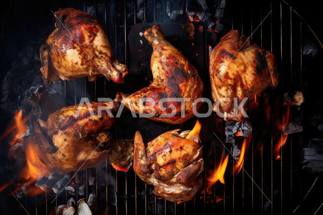 صورة مقربة من  الأعلى لقطع الدجاج المشوي اللذيذ, الدجاج المحمر على الفحم, وجبات الطعام الشهية, مطاعم وأكلات عربية شرقية, مطعم المشاوي , خلفية الشواء .