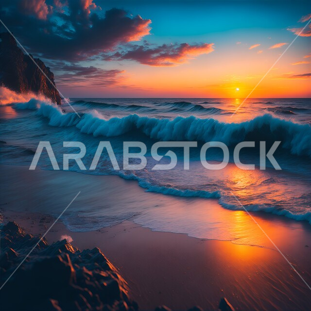 منظر غروب الشمس من الشاطئ , هدوء البحر, أمواج البحر على الشاطئ, المناظر البحرية الهادئة, خلفية الطبيعة .