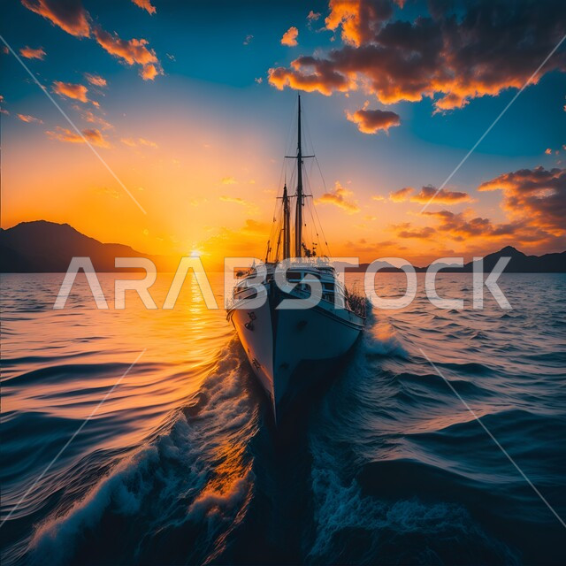 صورة أمامية ليخت داخل البحر , غروب الشمس, مشهد درامي, النقل البحري, خلفية الطبيعة .
