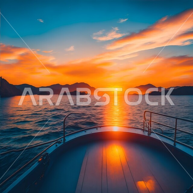 صورة لغروب الشمس من داخل السفينة في البحر, مشهد درامي ممتع, النقل البحري, غروب الشمس , خلفية الطبيعة.