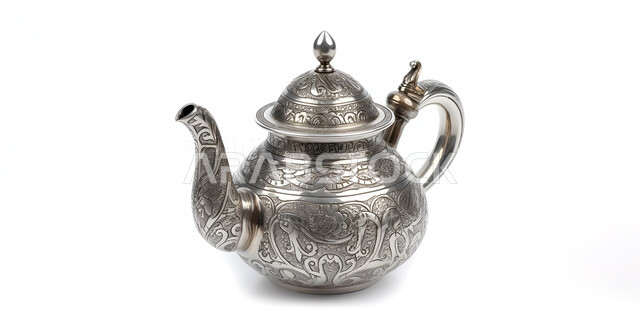 ابريق شاي عربي مزخرف رمادي اللون ,  براد شاي , تصوير فوتوغرافي , ضيافة عربية , خلفية معزولة , خلفية بيضاء