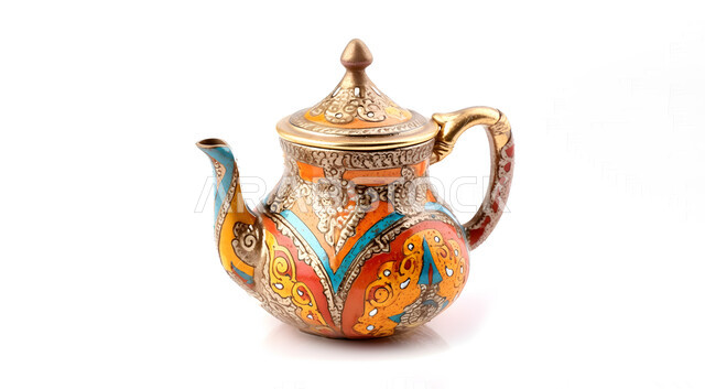 ابريق شاي عربي مزخرف أصفر اللون ,  براد شاي , تصوير فوتوغرافي , ضيافة عربية , خلفية معزولة , خلفية بيضاء