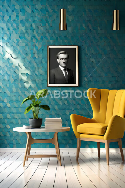 Modern interior, bright yellow chair in a living room with a blu