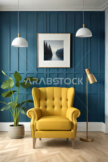 Modern interior, bright yellow chair in a living room with a blu