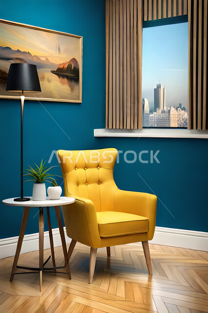 Modern interior, bright yellow chair in a living room with a blu